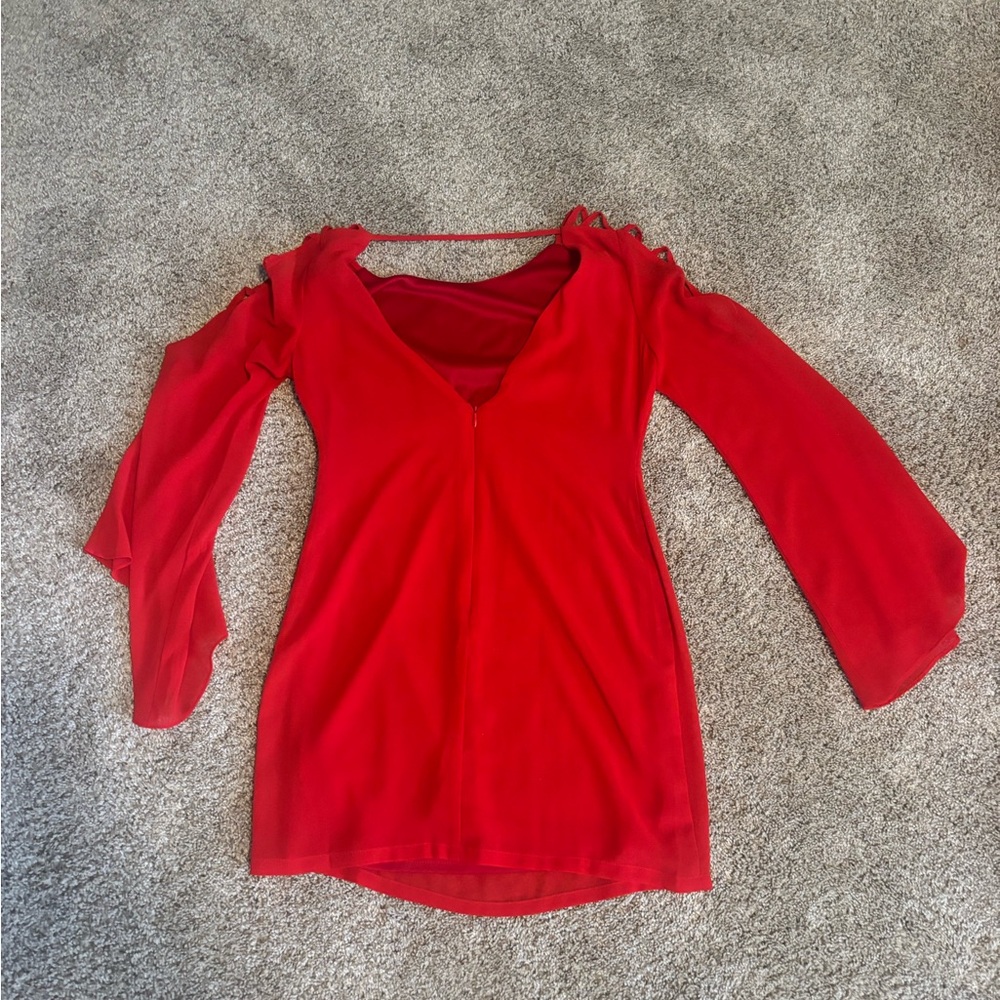 Umgee Red Ruched Tie Front Dress Bell Sleeves